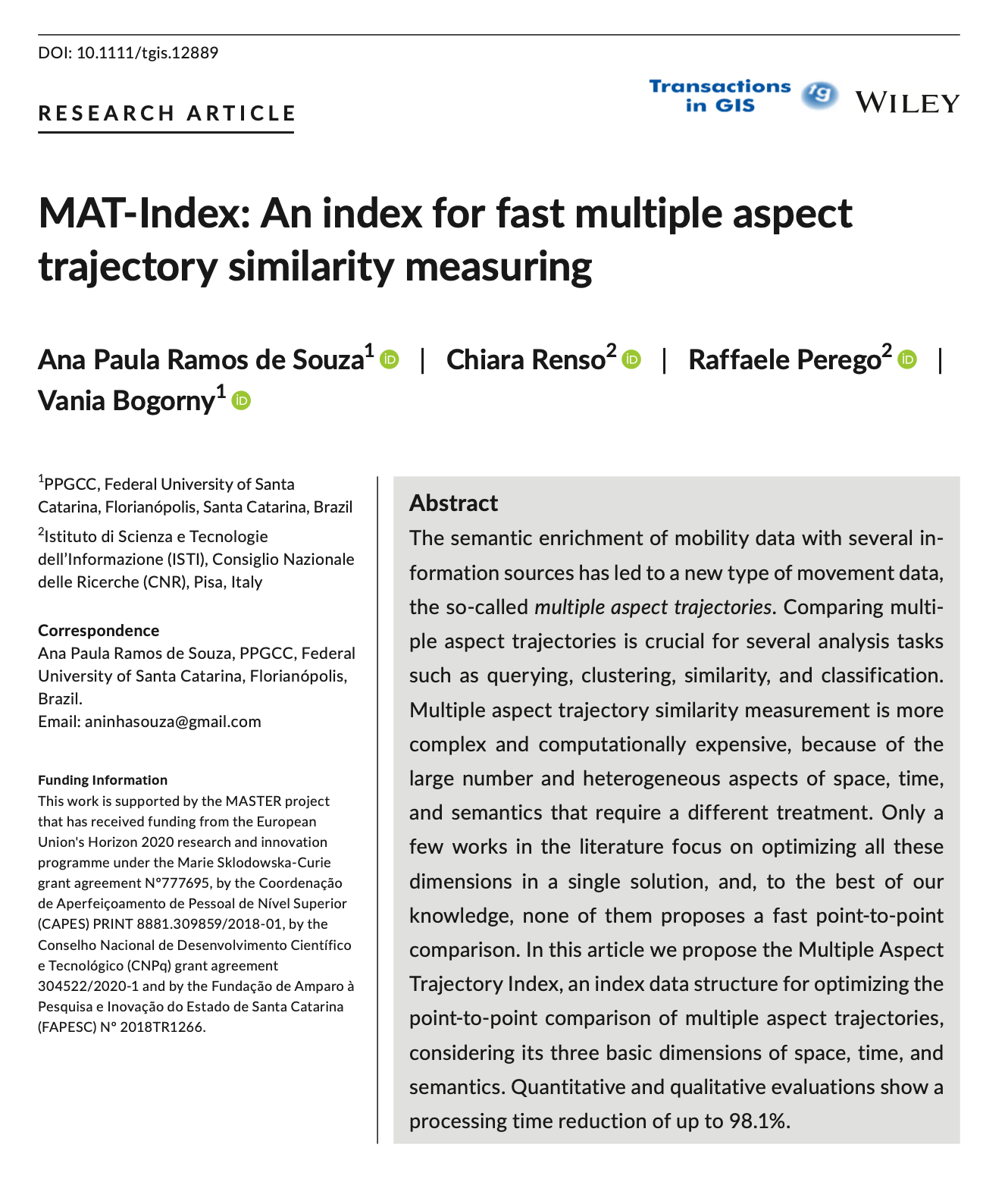 Paper “MAT-Index: An index for fast multiple aspect trajectory similarity measuring” published at Transactions in GIS